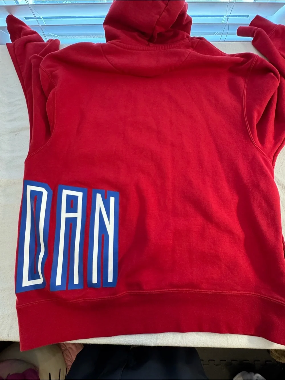 Jordan Red Hooded Sweatshirt with Blue White Side Logo